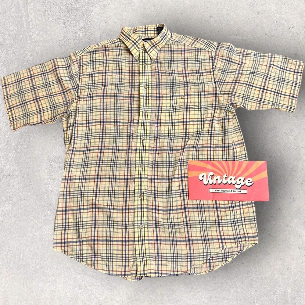 Roundtree & Yorke Plaid Short Sleeve Yellow Red Blue Button Down Shirt Large